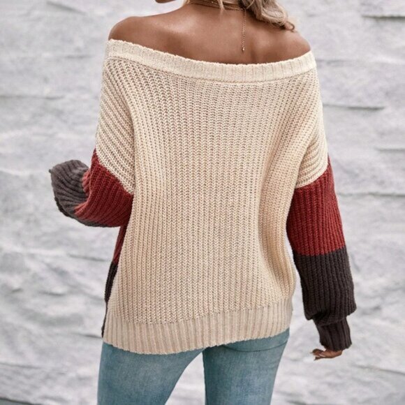 Multicolor Boho Womens Color Block Off Shoulder Sweater - Picture 2 of 6